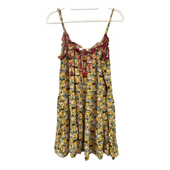 Natural Life Yellow Ruffle Tiered Embroidered Boho Summery Festival Mini Dress M - Picture 1 of 6